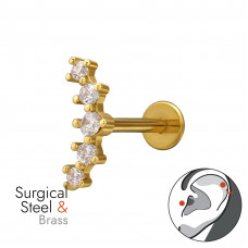 Cluster Bar Brass Gold Plated Tragus, Helix, Upper Ear Piercing External Threaded with 5x Cubic Zirconia on 1.2x8mm (16G) 316 Surgical Steel Gold Plated Barbell with Flat Back Disc