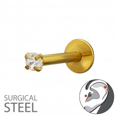 Round 2mm 4 Prong Cubic Zirconia Tragus, Helix, Upper Ear Piercing on 1.2x8mm (16G) 316 Surgical Steel Gold Color Threaded Barbell with Flat Back Disc