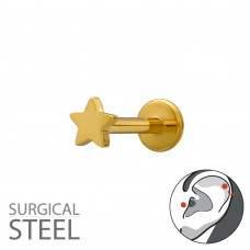 3.5mm Star Gold Plated 316 Surgical Steel Tragus, Helix, Upper Ear Piercing External Threaded on 1.2x8mm (16G) Barbell with Flat Back Disc