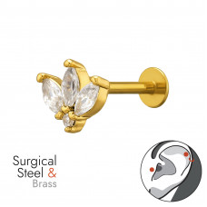 Three Petal Flower Brass Gold Plated Tragus, Helix, Upper Ear Piercing External Threaded with 4x Cubic Zirconia on 1.2x8mm (16G) 316 Surgical Steel Gold Plated Barbell with Flat Back Disc
