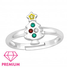 Children's Silver Christmas Tree Adjustable Ring with Crystal and Epoxy