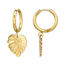 12mm Stainless Steel Gold Color Hoop with Dangling 14mm Monstera Plant