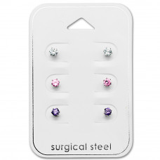 High Polish Surgical Steel Round 3mm Ear Studs Set with Cubic Zirconia on Card