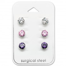 High Polish Surgical Steel Round 6mm Ear Studs Set with Cubic Zirconia on Card