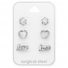 High Polish Surgical Steel Infinite Love Ear Studs Set with Cubic Zirconia on Card