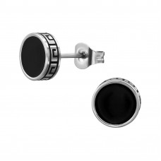 Circle with Greek Key Pattern Stainless Steel Ear Studs with Epoxy