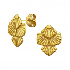 Triple Tiered Scalloped Pattern Stainless Steel Gold Color Ear Studs