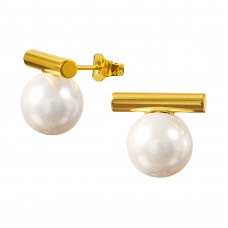 Horizonal Bar Stainless Steel Gold Color Ear Studs with Imitation Pearl