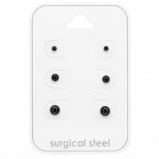 Round Black 2mm, 3mm and 4mm Stainless Steel Ear Studs Set and Jewelry on Card