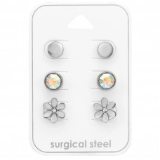 High Polish Jeweled Surgical Steel Round and Flower Ear Studs Set with Crystal on Card