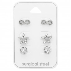 High Polish Surgical Steel Infinite, Star and Round Ear Studs Set with Cubic Zirconia on Card