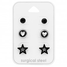 High Polish Black Surgical Steel Round, Heart and Star Ear Studs Set with Crystal on Card