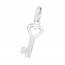 Silver Key Charm with Split Ring with Cubic Zirconia