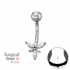 Flower Marquise-Cut Brass Belly Button Piercing with 6x Cubic Zirconia on 1.6x10mm (14G) 316 Surgical Steel Threaded Barbell with 5mm Ball with 1x Crystal