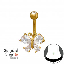 Bow Brass Belly Button Piercing with 4x Cubic Zirconia on 1.6x10mm (14G) 316 Surgical Steel Gold Color Internal Threaded Barbell with 5mm Ball with 1x Cubic Zirconia