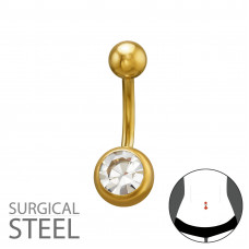 5mm Plain Ball Top and 8mm Bottom Ball with Crystal 316 Surgical Steel Gold Color Belly Button Piercing Internal Threaded on 1.6x10mm (14G) Barbell