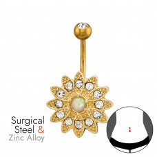 18mm Floral Sunburst Zinc Alloy Gold Plated Belly Button Piercing with 12x Crystal and 1x Imitation Opal on 1.6x10mm (14G) 316 Surgical Steel Gold Plated Threaded Barbell with 5mm Ball with 1x Crystal