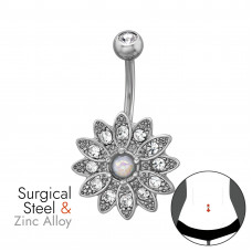 18mm Floral Sunburst Zinc Alloy Belly Button Piercing with 12x Crystal and 1x Imitation Opal on 1.6x10mm (14G) 316 Surgical Steel Threaded Barbell with 5mm Ball with 1x Crystal