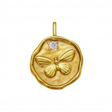 15mm Circle with Butterfly Stainless Steel Gold Color Pendant with Cubic Zirconia
