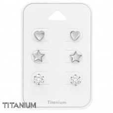 Titanium Heart, Star and 5mm Round Ear Studs Set with Cubic Zirconia on Card