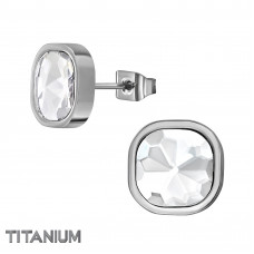 10mm Square Titanium Ear Studs with White Crystal